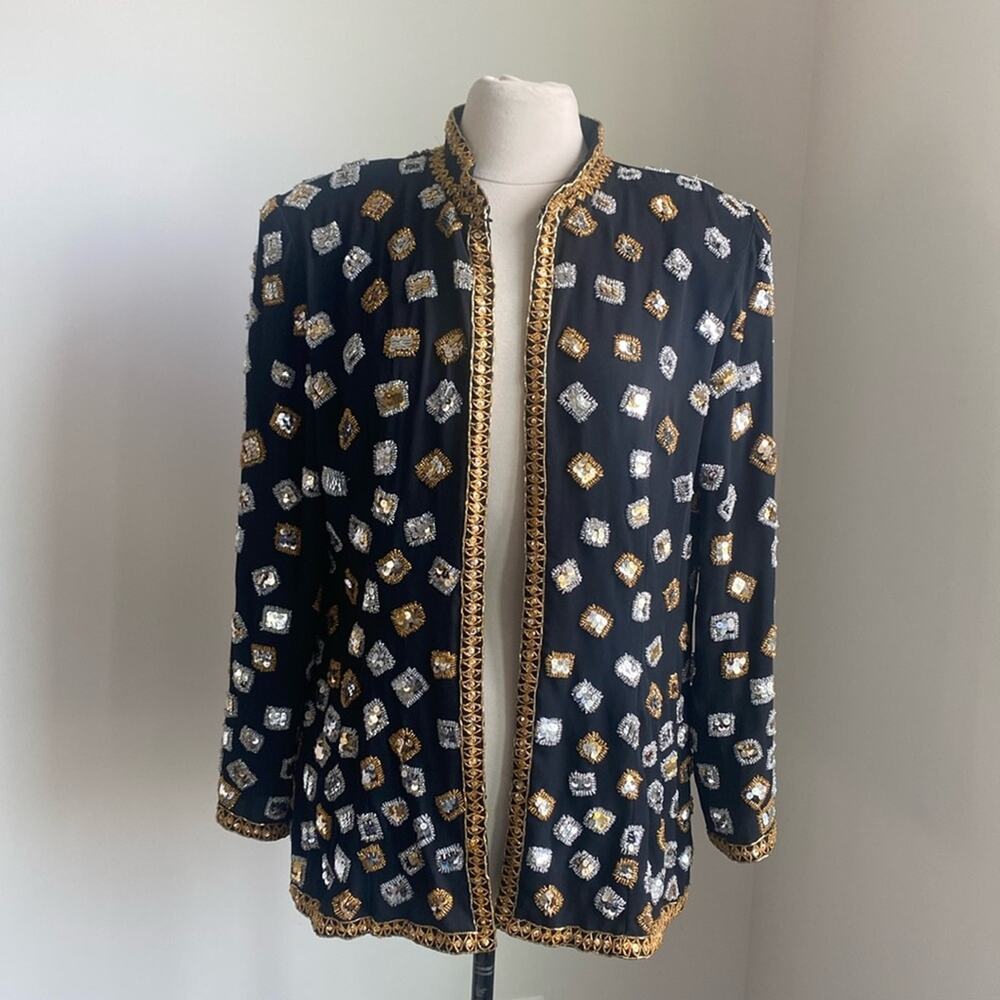 VINTAGE JACK BRYAN Beaded Jacket Women’s Size 14 Black Gold Silver Metallic 70s